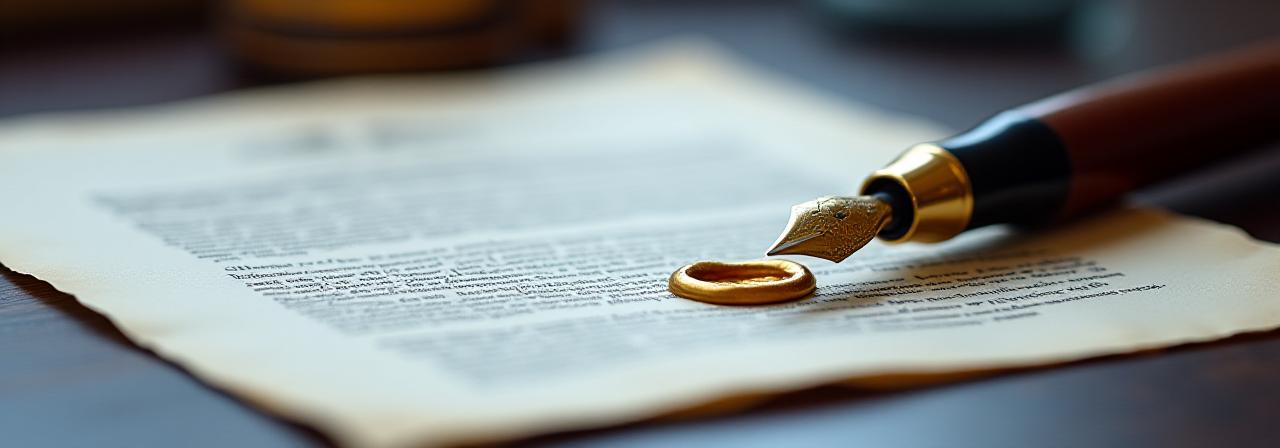 Close up of a legal document with a professional gold seal and fountain pen